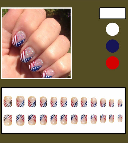 Independence Day Press On Nails Short Square USA Flag Patriotic Design