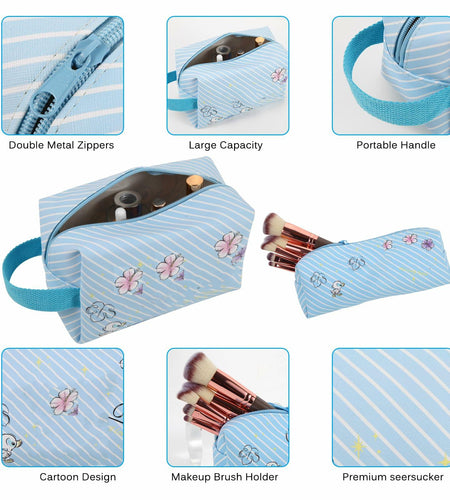 LOYEJEGL Travel Cosmetic Bag with Double Sided Mirror & Brush Bag Blue