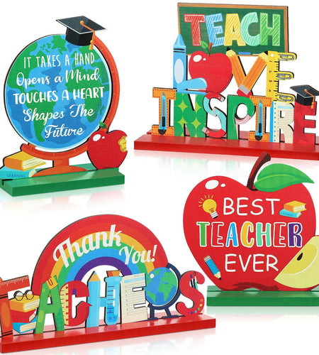 Amyhill 4 Pcs Teacher Appreciation Wooden Table Centerpieces Decorations