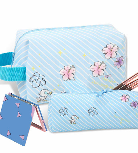 LOYEJEGL Travel Cosmetic Bag with Double Sided Mirror & Brush Bag Blue