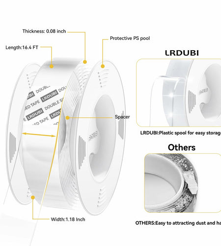LRDUBI Heavy Duty Double Sided Tape 1.18" x 197" Clear Removable Adhesive