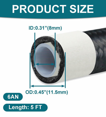 VWTNI 6AN PTFE Nylon Braided Fuel Line Hose 5FT E85 Compatible