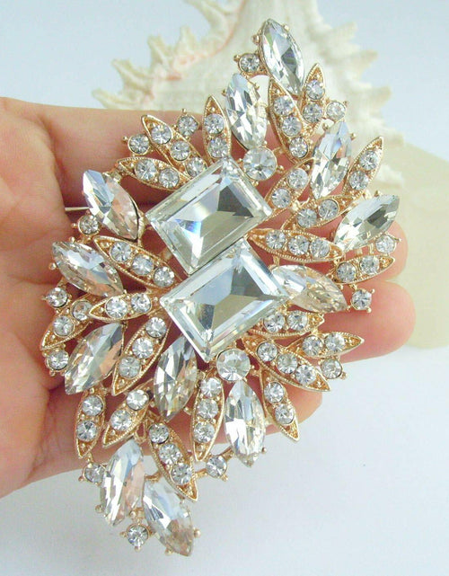Load image into Gallery viewer, Sindary Austrian Crystal Flower Brooch Pin Gold-Tone Clear 3.94"
