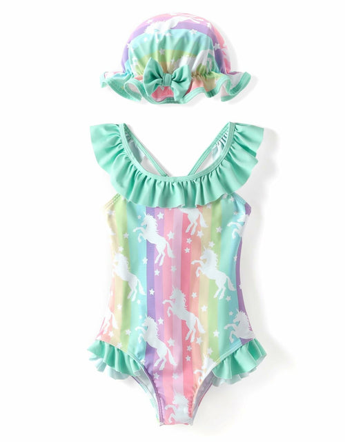Load image into Gallery viewer, PATPAT Baby Girl Unicorn Ruffle One Piece Swimsuit Aqua Green Size 3-6M
