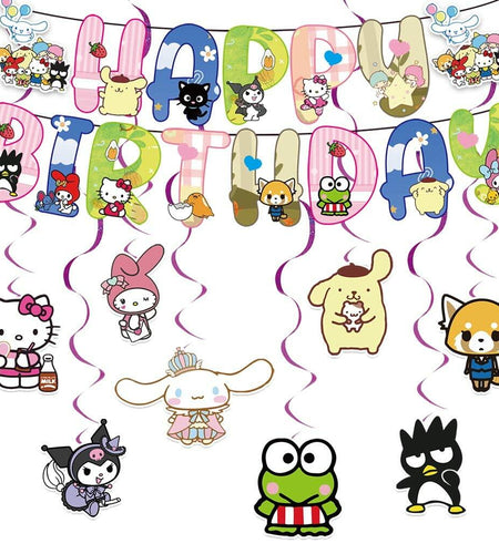 CcHLjh Kawaii Cat Birthday Party Supplies Banner & 8 Orange Hanging Swirls
