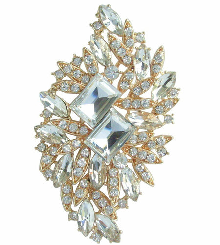 Sindary Austrian Crystal Flower Brooch Pin Gold-Tone Clear 3.94"