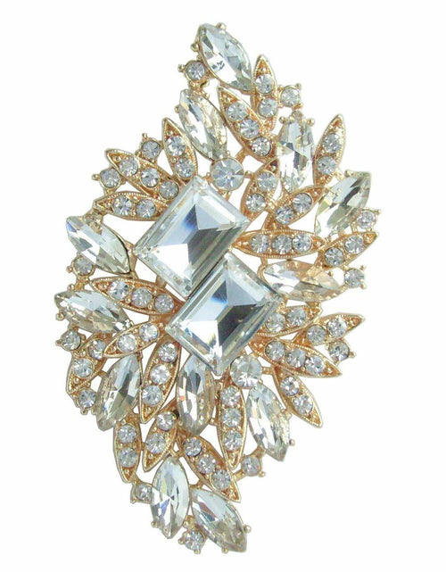 Load image into Gallery viewer, Sindary Austrian Crystal Flower Brooch Pin Gold-Tone Clear 3.94"

