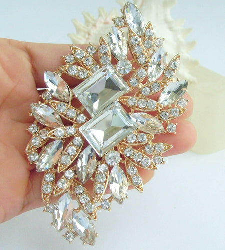 Sindary Austrian Crystal Flower Brooch Pin Gold-Tone Clear 3.94"