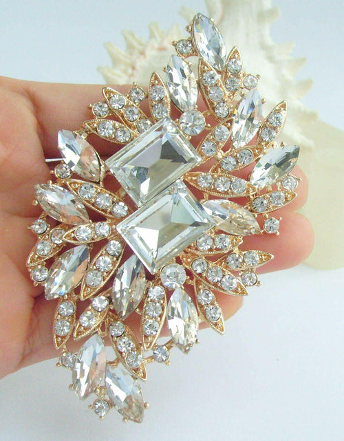 Load image into Gallery viewer, Sindary Austrian Crystal Flower Brooch Pin Gold-Tone Clear 3.94"
