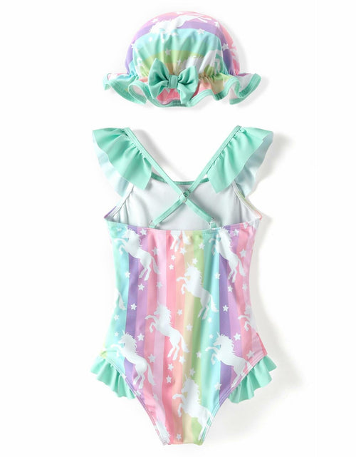 Load image into Gallery viewer, PATPAT Baby Girl Unicorn Ruffle One Piece Swimsuit Aqua Green Size 3-6M
