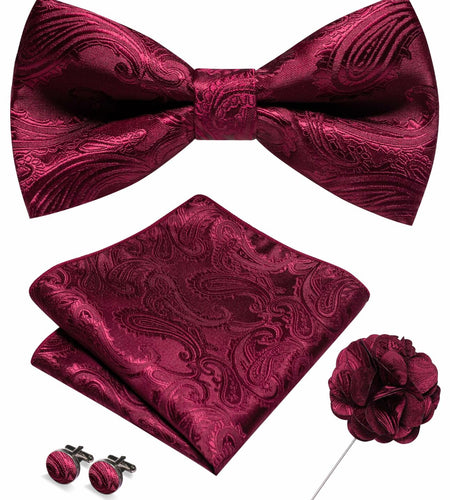 RBOCOTT Purple Paisley Bow Tie Pocket Square Lapel Pin Cufflinks Set