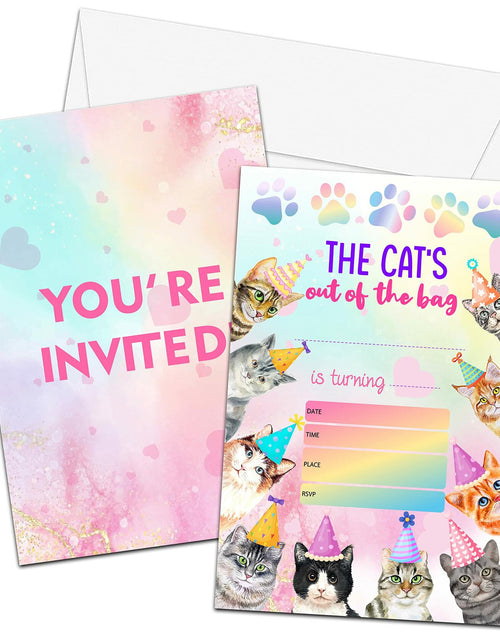 Load image into Gallery viewer, Preuf Cat Birthday Invitations 20 Cards + Envelopes Rainbow Paw-ty Double-Sided
