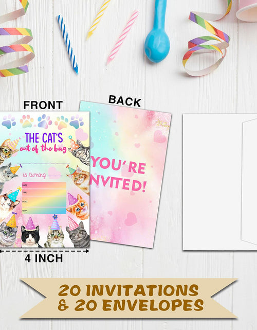 Load image into Gallery viewer, Preuf Cat Birthday Invitations 20 Cards + Envelopes Rainbow Paw-ty Double-Sided
