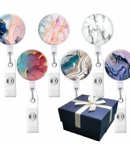 YISHIYOUNI 6 Pack Mixed Pattern Retractable Badge Holders Pink Marble