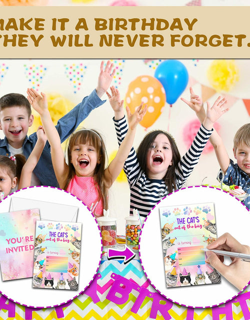 Load image into Gallery viewer, Preuf Cat Birthday Invitations 20 Cards + Envelopes Rainbow Paw-ty Double-Sided

