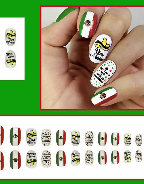 Load image into Gallery viewer, Mexican Press on Nails 24pcs Oval False Nails with Glue Flag Hat Design
