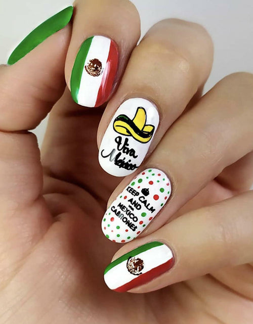 Load image into Gallery viewer, Mexican Press on Nails 24pcs Oval False Nails with Glue Flag Hat Design
