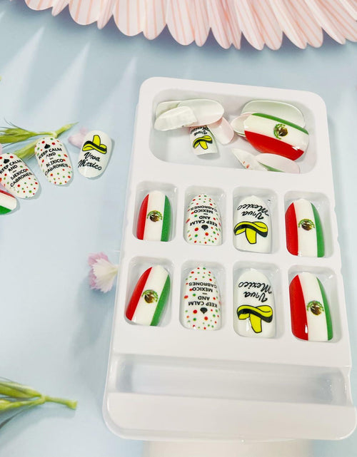 Load image into Gallery viewer, Mexican Press on Nails 24pcs Oval False Nails with Glue Flag Hat Design
