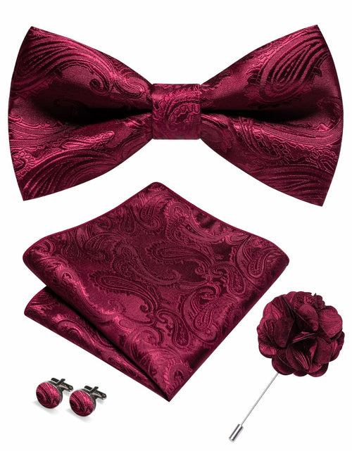 Load image into Gallery viewer, RBOCOTT Red Paisley Bow Tie Pocket Square Lapel Pin Cufflinks Set for Men

