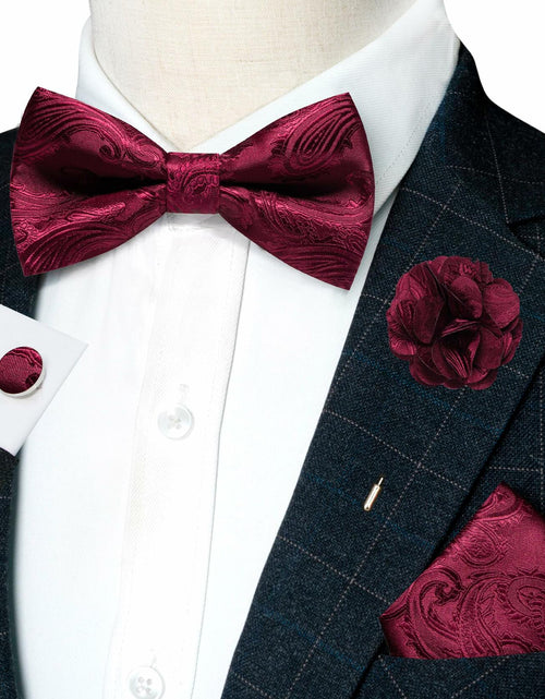 Load image into Gallery viewer, RBOCOTT Red Paisley Bow Tie Pocket Square Lapel Pin Cufflinks Set for Men

