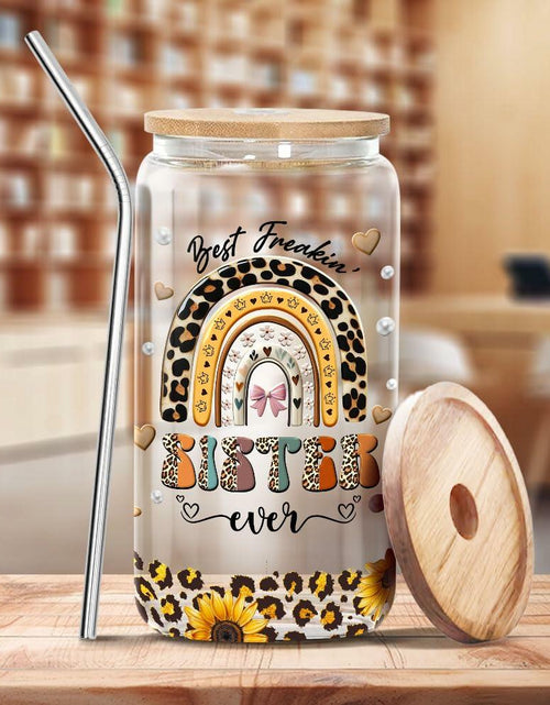 Load image into Gallery viewer, 9BUTERFLY Sunflower Leopard Coffee Glass Mug 16oz Bamboo Lid Straw
