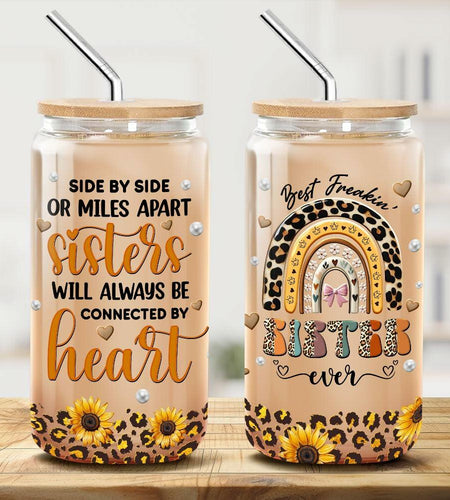 9BUTERFLY Sunflower Leopard Coffee Glass Mug 16oz Bamboo Lid Straw
