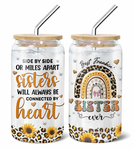 9BUTERFLY Sunflower Leopard Coffee Glass Mug 16oz Bamboo Lid Straw