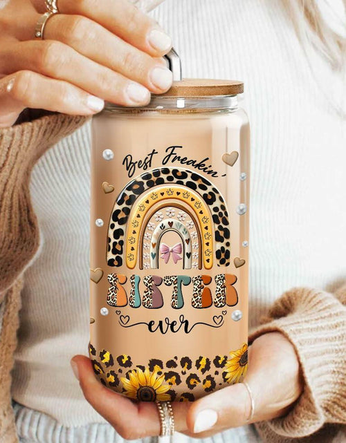 Load image into Gallery viewer, 9BUTERFLY Sunflower Leopard Coffee Glass Mug 16oz Bamboo Lid Straw
