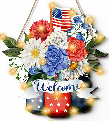 Wayyogh 4th of July Door Sign 11.4in Wooden Flag Flower Wreath Red Blue