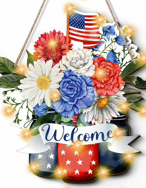 Load image into Gallery viewer, Wayyogh 4th of July Door Sign 11.4in Wooden Flag Flower Wreath Red Blue
