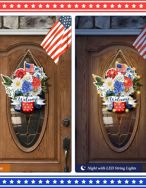 Load image into Gallery viewer, Wayyogh 4th of July Door Sign 11.4in Wooden Flag Flower Wreath Red Blue
