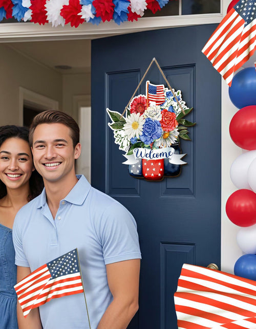 Load image into Gallery viewer, Wayyogh 4th of July Door Sign 11.4in Wooden Flag Flower Wreath Red Blue
