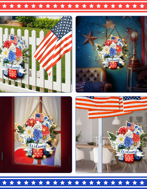 Load image into Gallery viewer, Wayyogh 4th of July Door Sign 11.4in Wooden Flag Flower Wreath Red Blue
