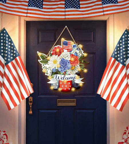 Wayyogh 4th of July Door Sign 11.4in Wooden Flag Flower Wreath Red Blue