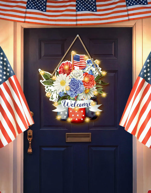 Load image into Gallery viewer, Wayyogh 4th of July Door Sign 11.4in Wooden Flag Flower Wreath Red Blue
