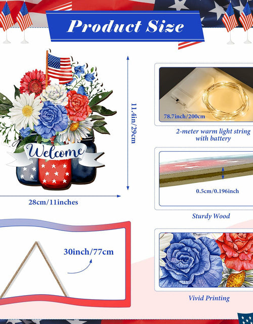Load image into Gallery viewer, Wayyogh 4th of July Door Sign 11.4in Wooden Flag Flower Wreath Red Blue
