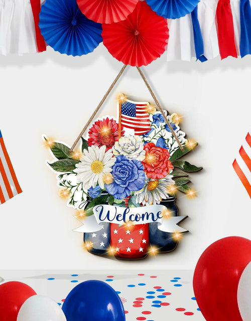 Load image into Gallery viewer, Wayyogh 4th of July Door Sign 11.4in Wooden Flag Flower Wreath Red Blue
