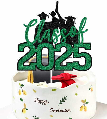 RLXPT Class of 2025 Cake Topper Graduation Party Decor Black Green Glitter