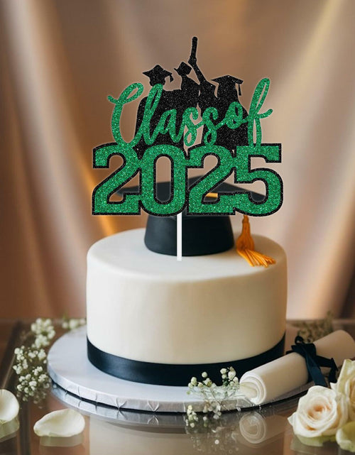 Load image into Gallery viewer, RLXPT Class of 2025 Cake Topper Graduation Party Decor Black Green Glitter
