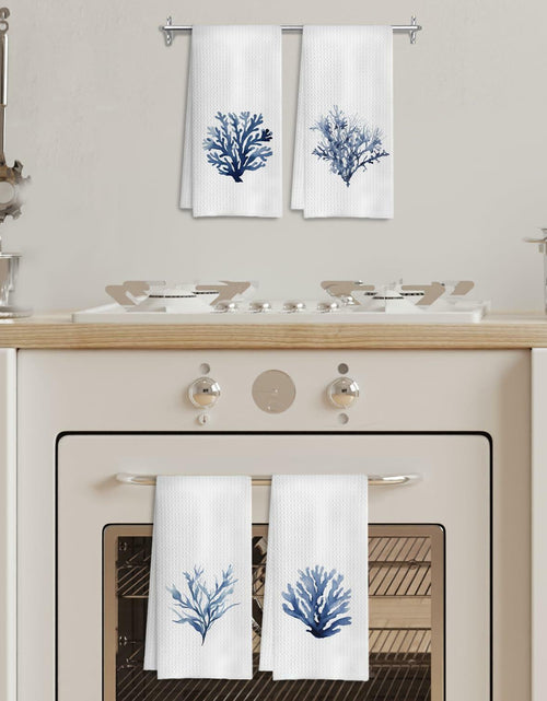 Load image into Gallery viewer, COWEB Coastal Beach Kitchen Towels Set of 4 Blue Coral Hand Towels 16x24in
