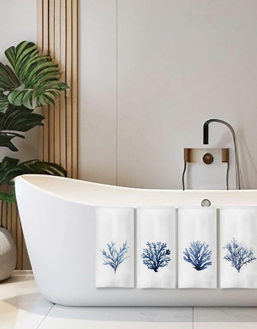 Load image into Gallery viewer, COWEB Coastal Beach Kitchen Towels Set of 4 Blue Coral Hand Towels 16x24in
