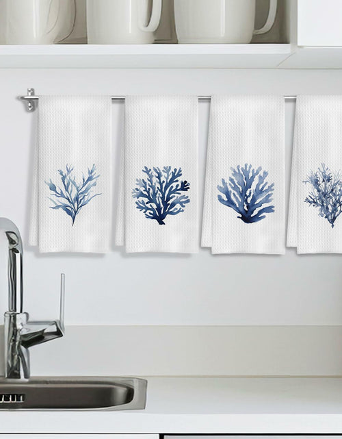 Load image into Gallery viewer, COWEB Coastal Beach Kitchen Towels Set of 4 Blue Coral Hand Towels 16x24in
