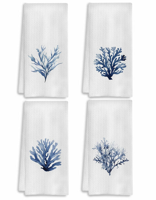 Load image into Gallery viewer, COWEB Coastal Beach Kitchen Towels Set of 4 Blue Coral Hand Towels 16x24in

