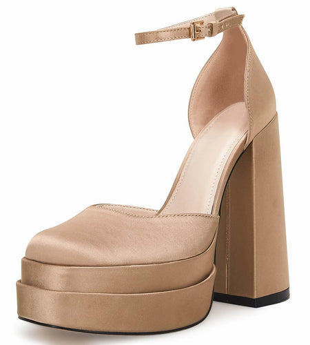 VETASTE Womens Platform Chunky Heels Ankle Strap Pumps Khaki