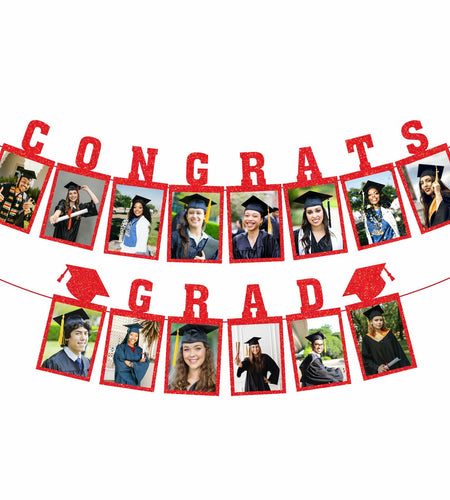 Biswiter Graduation Photo Banner Class of 2025 Red Preassembled Congrats Decor