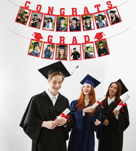 Biswiter Graduation Photo Banner Class of 2025 Red Preassembled Congrats Decor