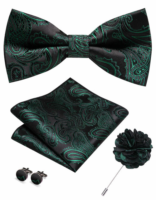 Load image into Gallery viewer, RBOCOTT Men’s Paisley Bow Tie Pocket Square Lapel Pin Cufflinks Set Green
