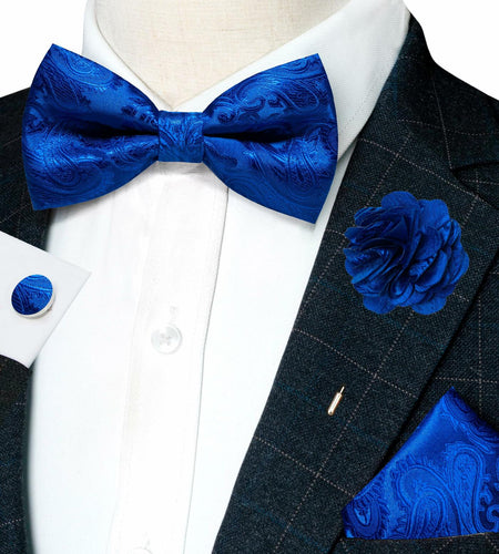 RBOCOTT Royal Blue Paisley Bow Tie Pocket Square Lapel Pin Cufflinks One Size