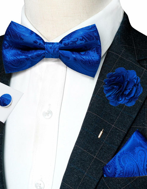 Load image into Gallery viewer, RBOCOTT Royal Blue Paisley Bow Tie Pocket Square Lapel Pin Cufflinks One Size
