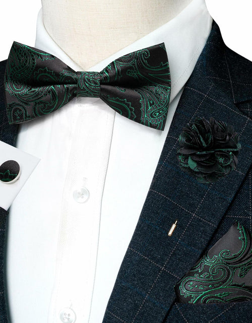 Load image into Gallery viewer, RBOCOTT Men’s Paisley Bow Tie Pocket Square Lapel Pin Cufflinks Set Green
